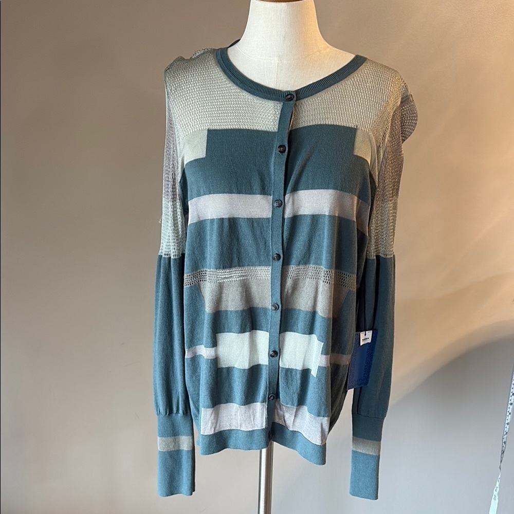 Vera wang NEW teal green gray partial sheer cardigan netting mesh / button up XL
